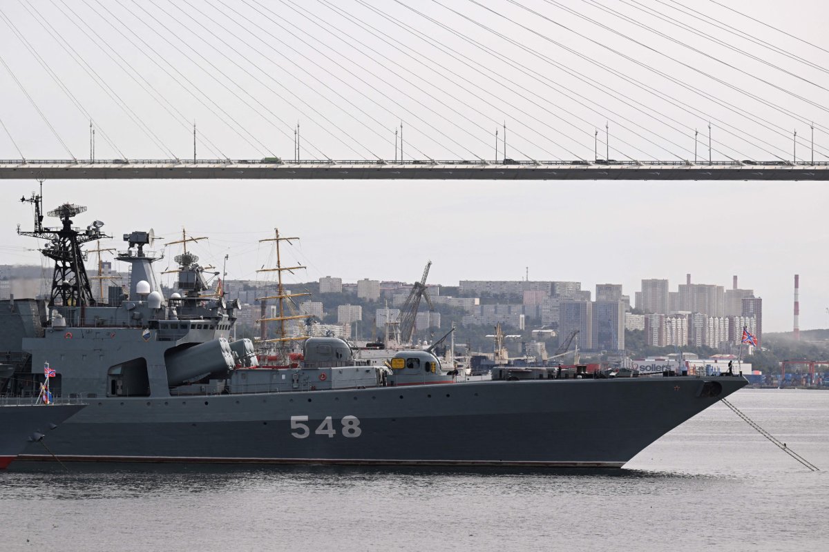 A warship is seen in Vladivostok, Russia