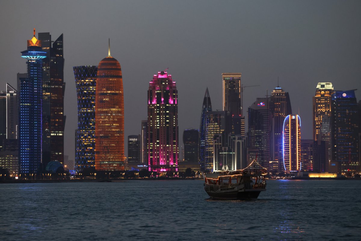 Illuminated skyscraper buildings of the Qatar Financial