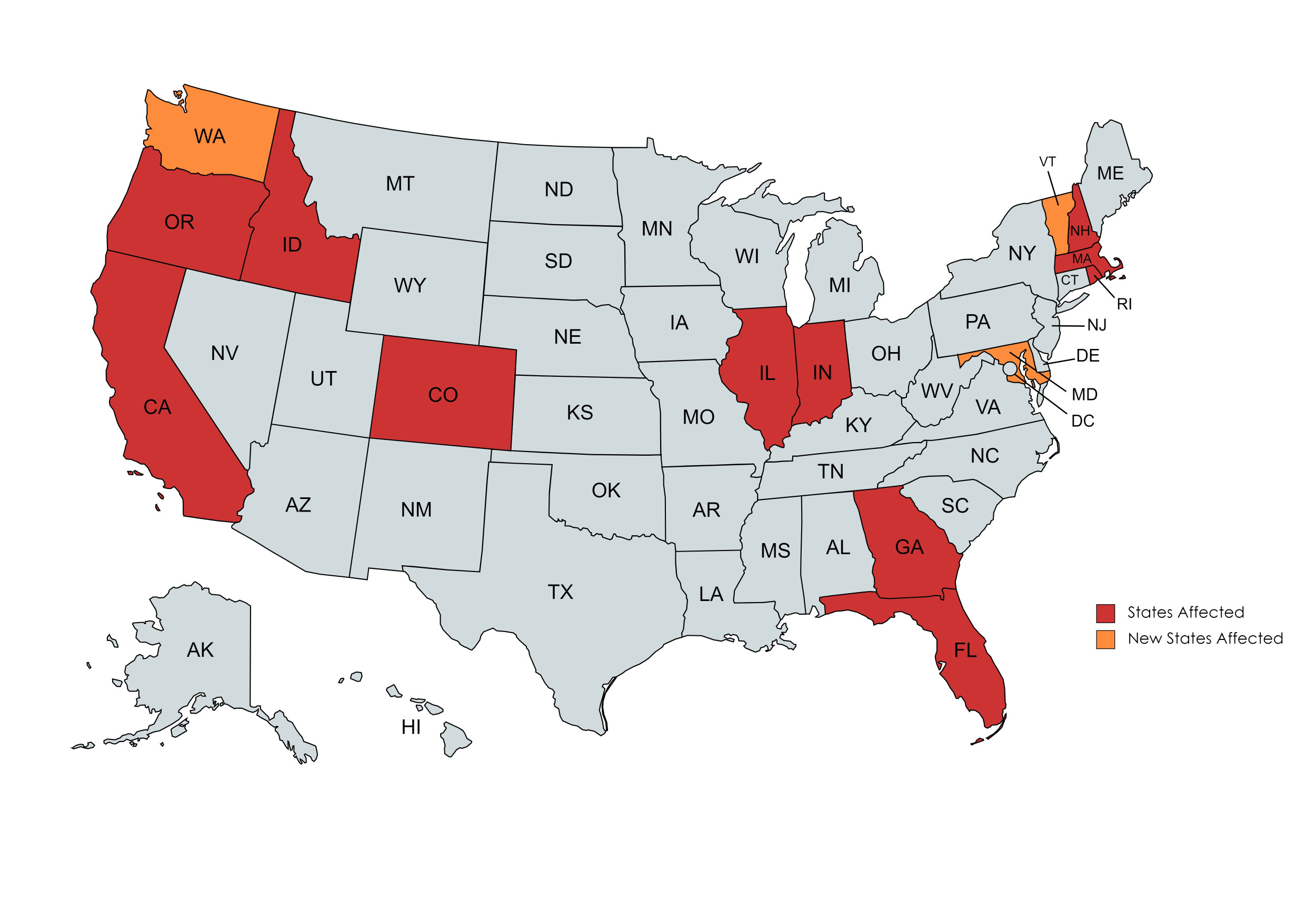 The canine respiratory illness map exhibits 14 affected states