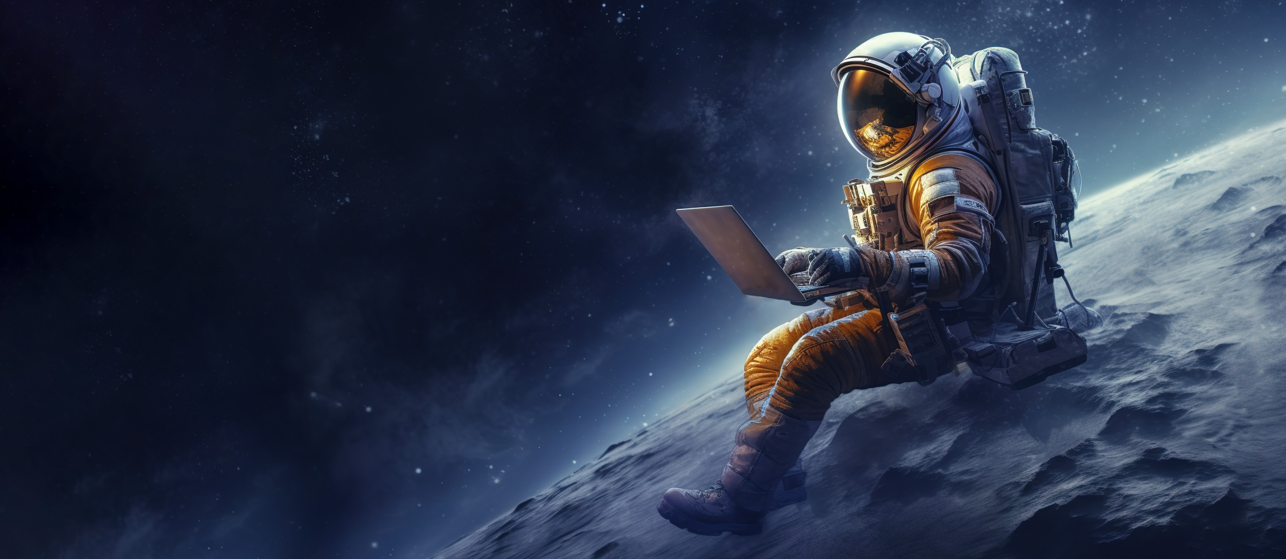 Astronaut in space with a laptop