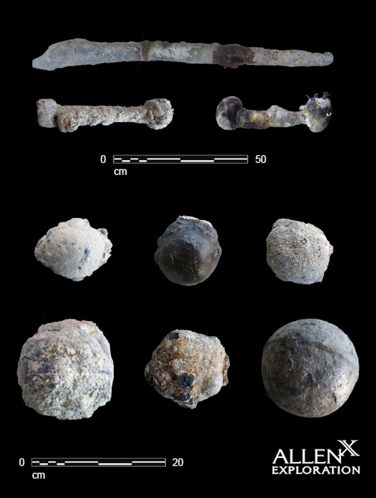 A rifle and cannonballs from a shipwreck
