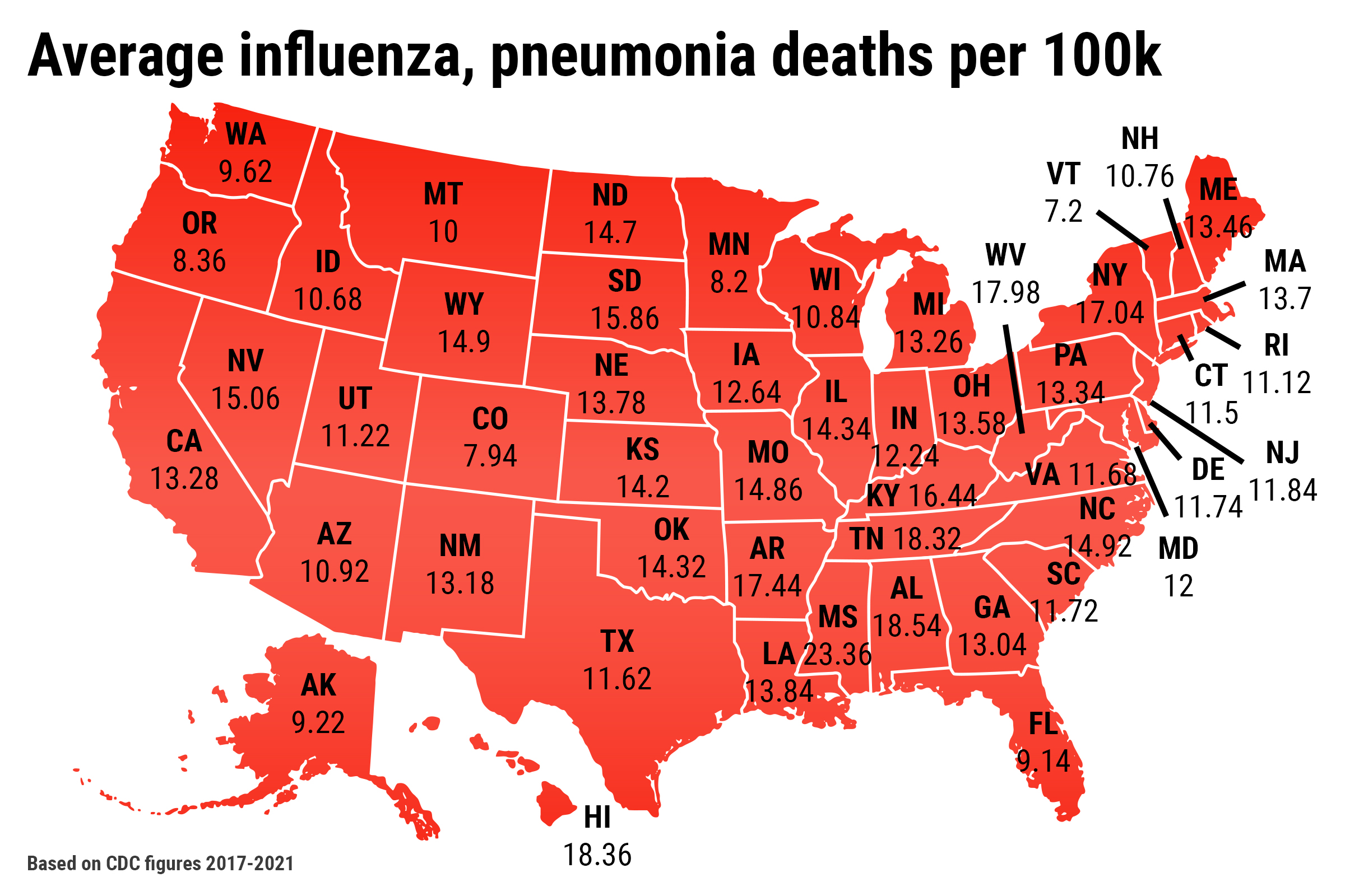 Flu and Pneumonia Map Shows US - Influenza Pneumonia Death Rate Map