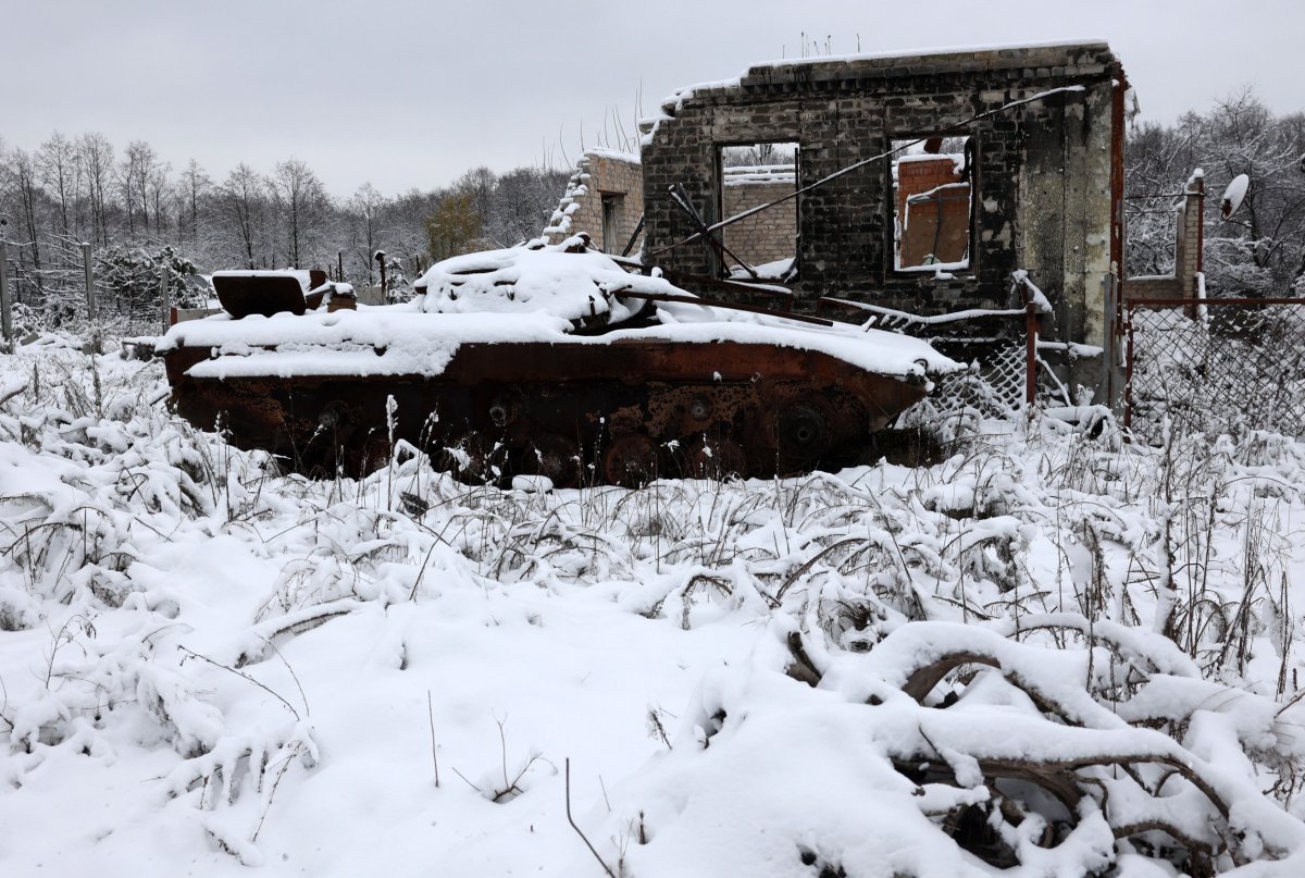 A destroyed Russian tank sits in Donetsk