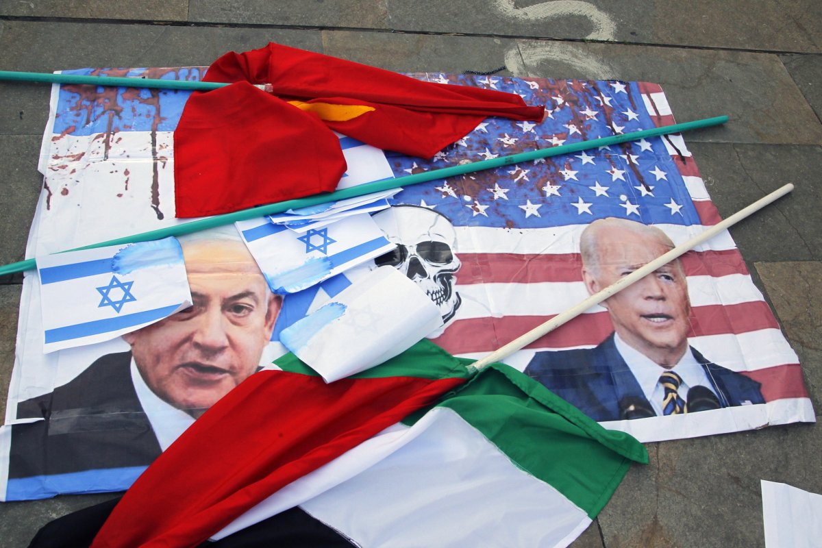 Pro-Palestinian, protest, picture, of, Biden, and, Netanyahu