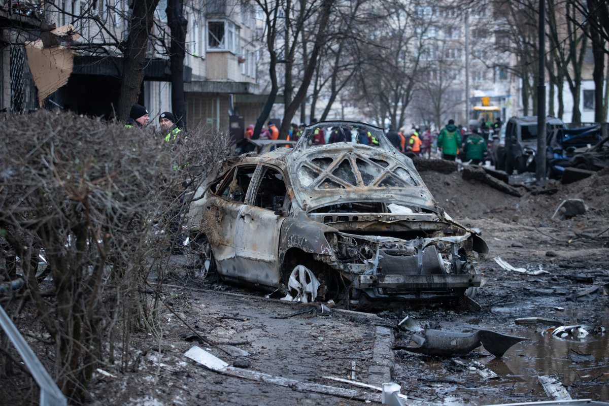 A burnt car in Kyiv