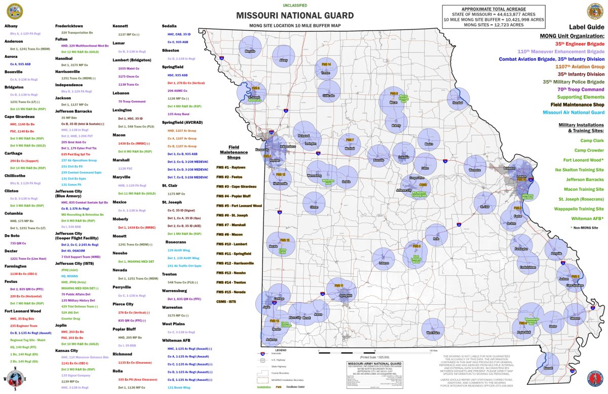 Map Shows Missouri Military Sites with Buffer