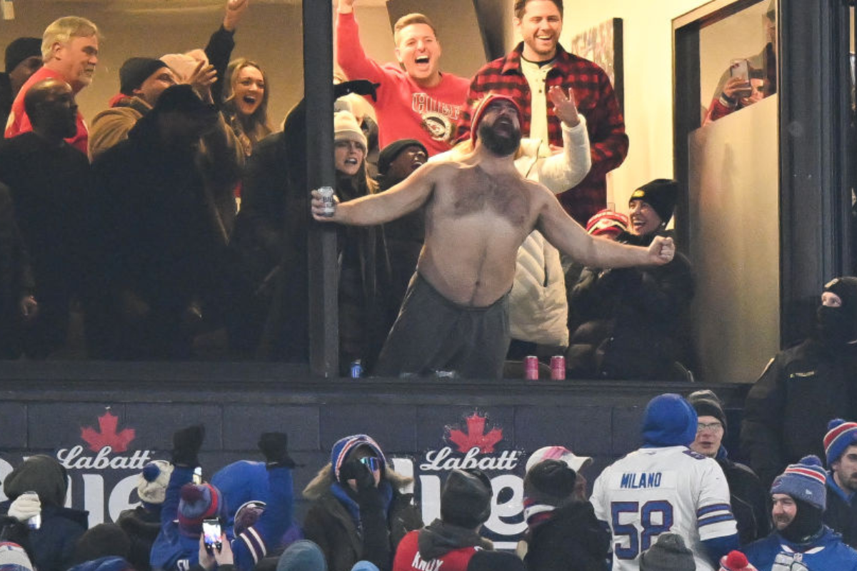 Jason Kelce celebrating Chiefs' touchdown, January 2024