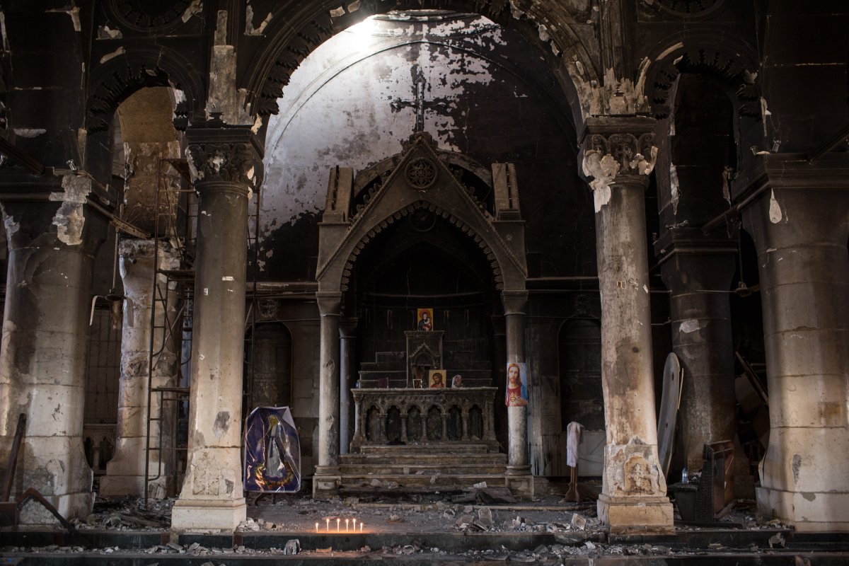 The burnt and destroyed interior of church