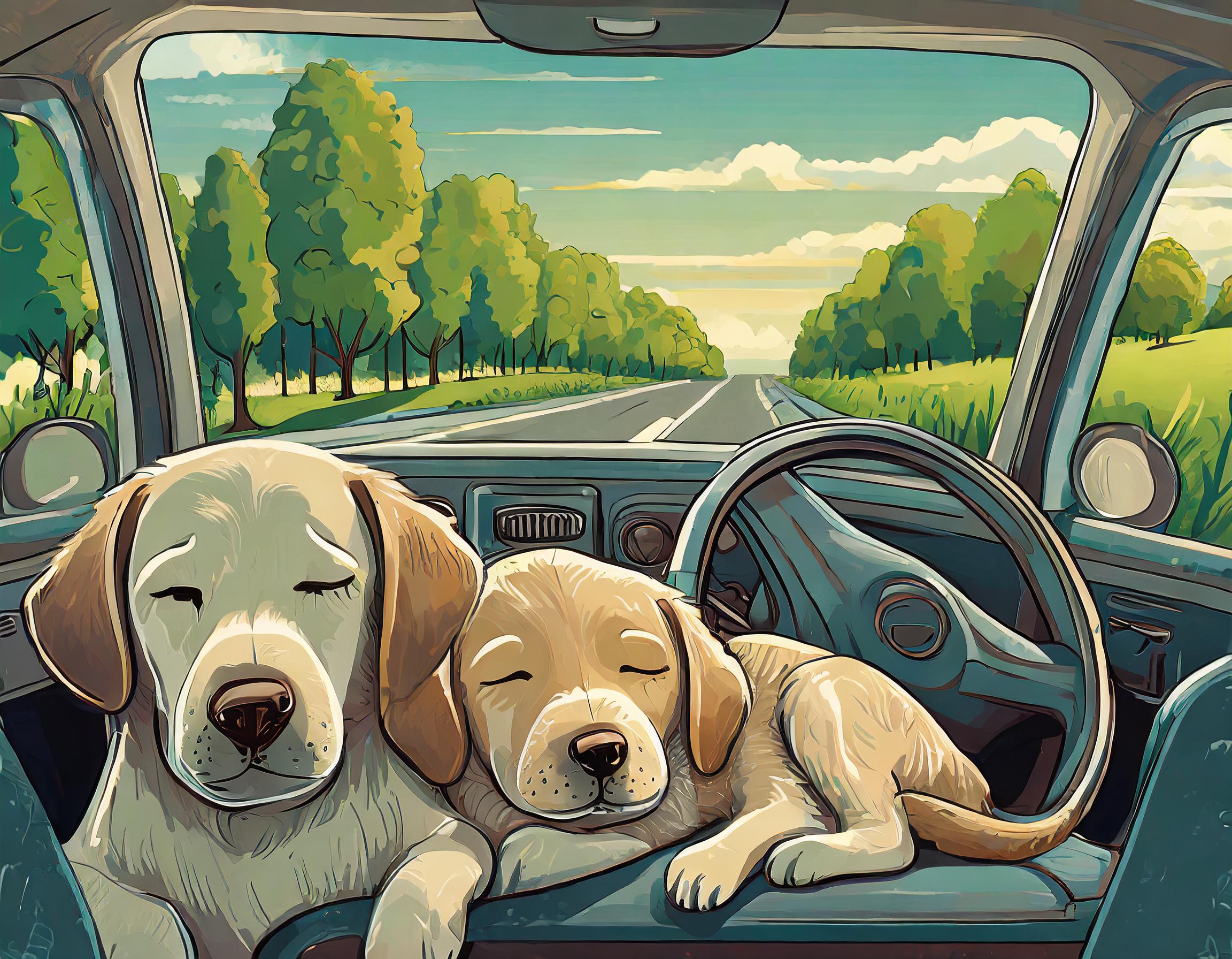 Labrador and Puppy Sleeping Peacefully on Car Ride Delights 158M