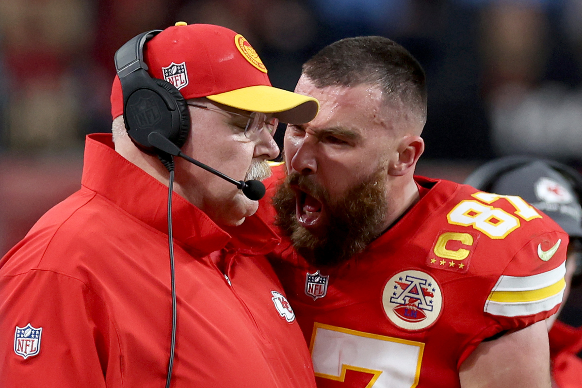 Andy Reid (left), Travis Kelce, Super Bowl