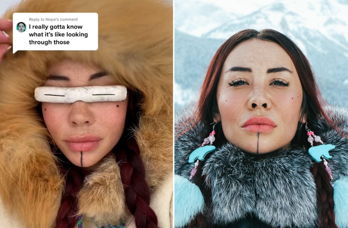 Intuit actress Marika Sila wearing snow blinders.