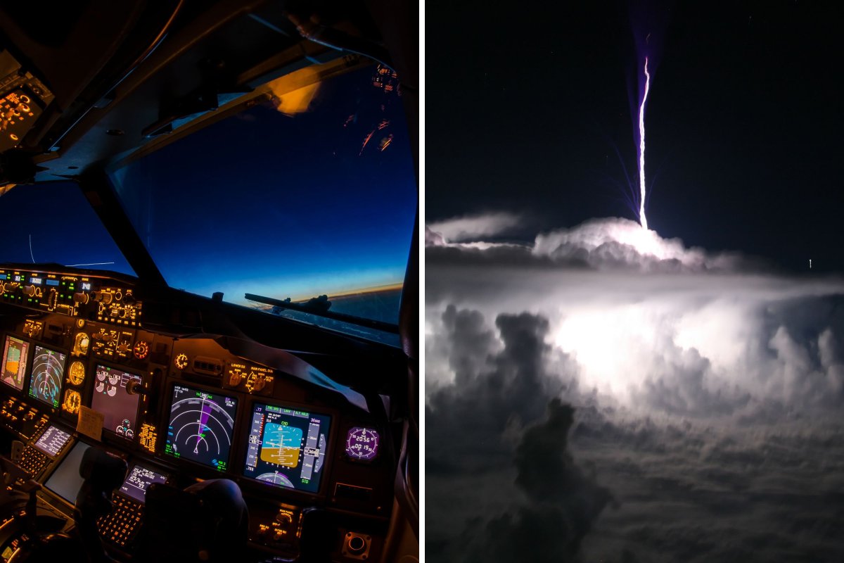 Cockpit view of lightning in the night sky.