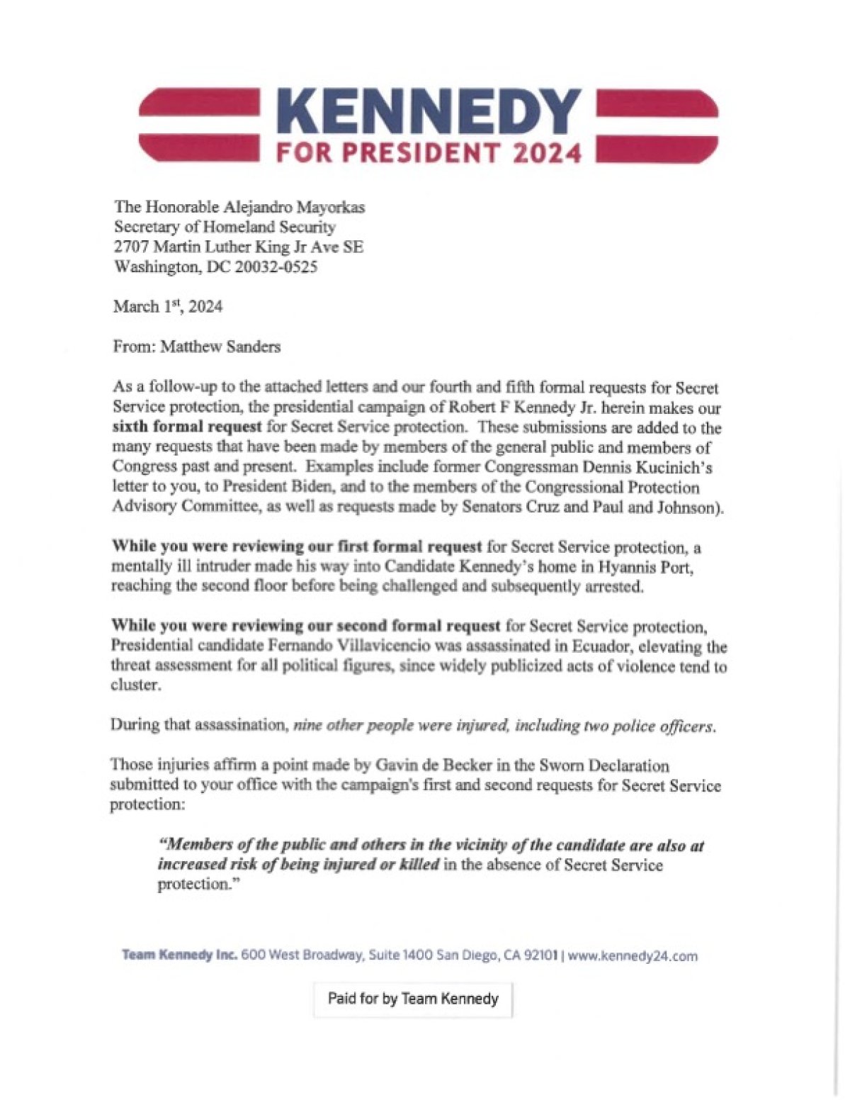 Kennedy Secret Service Request Letter