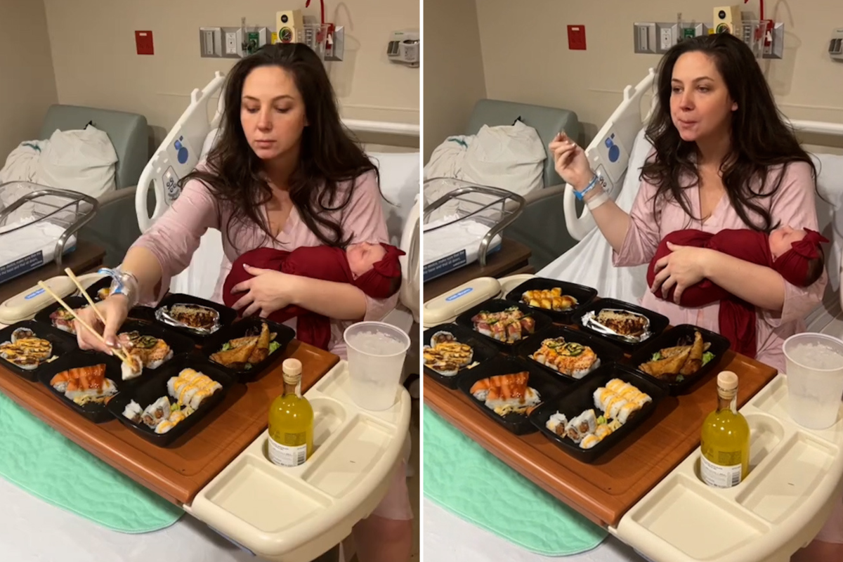 Woman eating sushi after birth