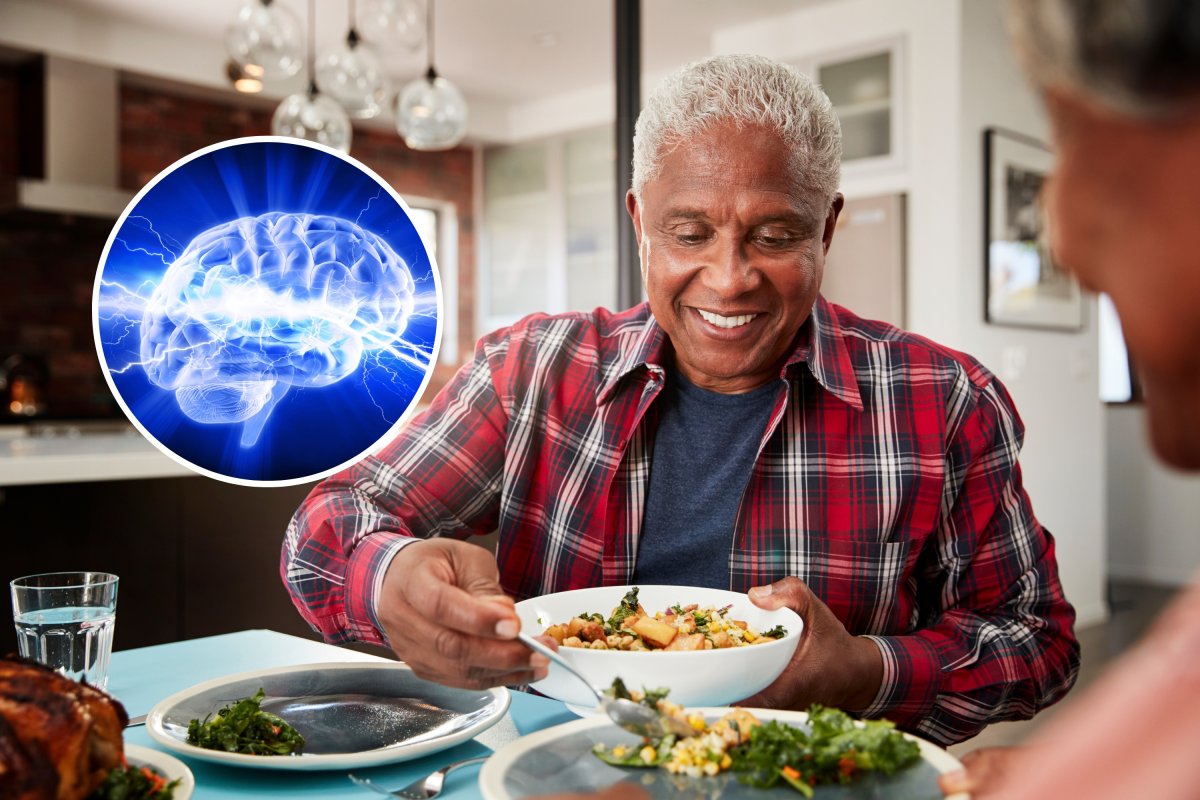 A brain, and an older man eating