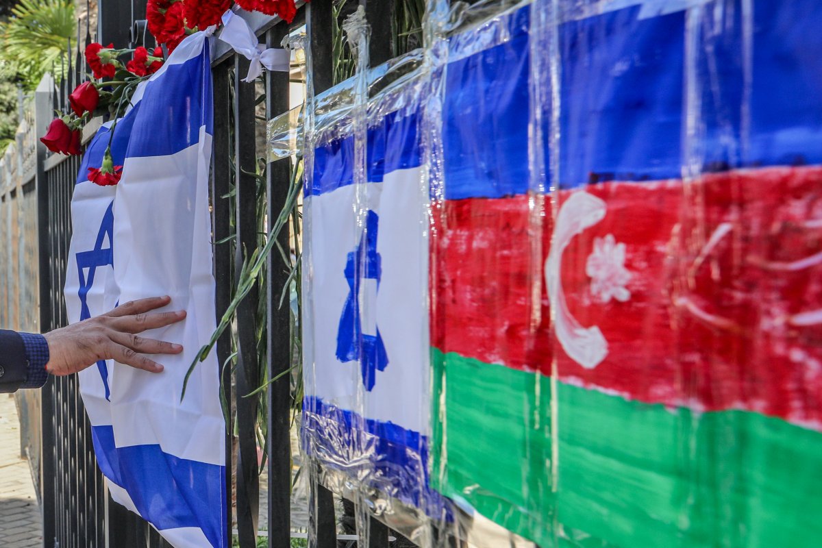 Israel, and, Azerbaijan, flags, after, Hamas, attack