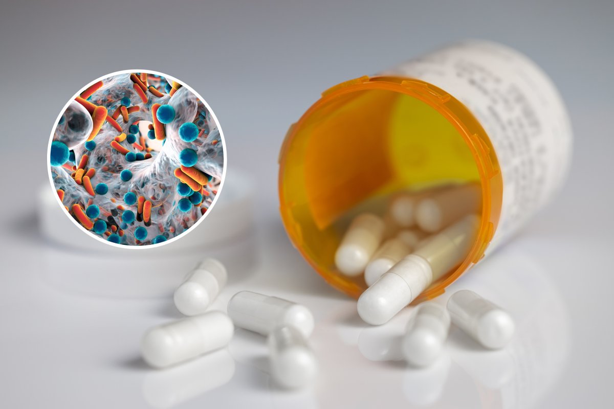 Antibiotics and, inset, a biofilm