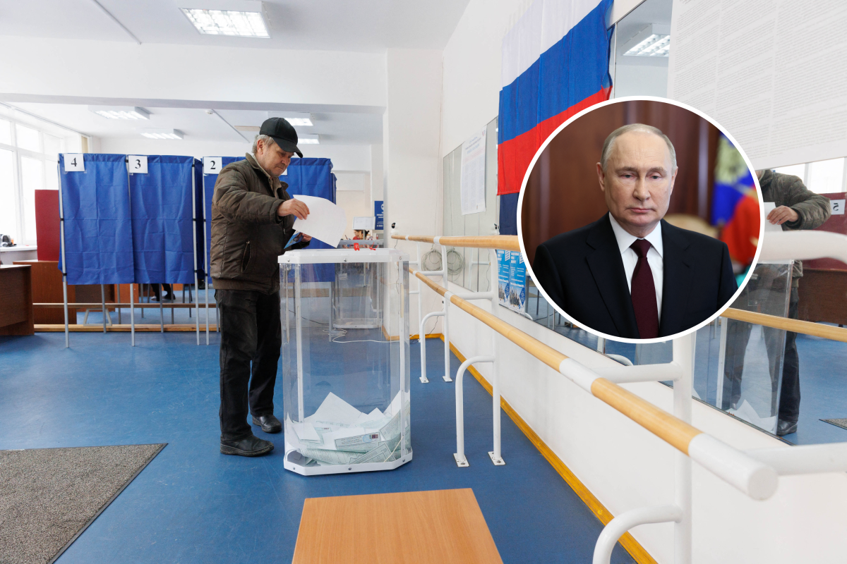 Russian men voting and President Vladimir Putin