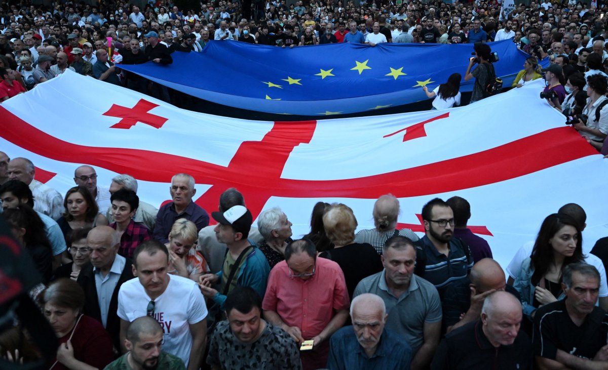 Attendees extend a Georgian flag 