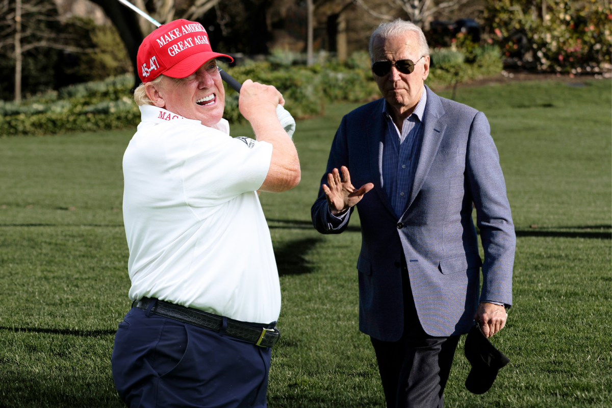 donald trump golfing and joe biden waving