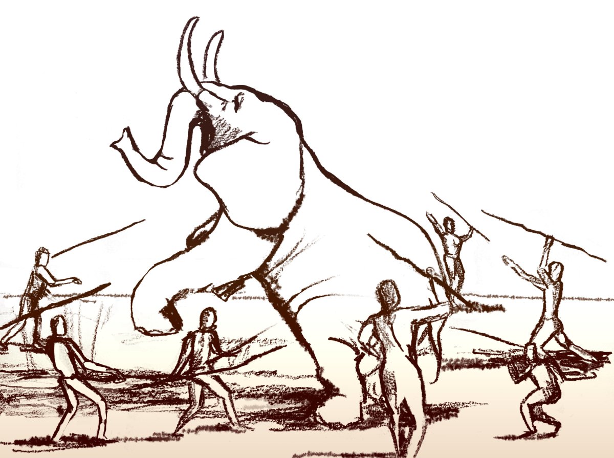 Humans hunting elephant with spears 