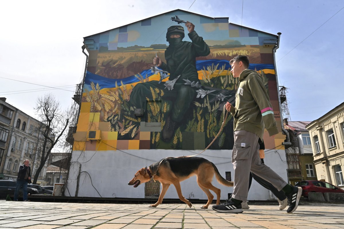 Military mural pictured in Kyiv April 2024