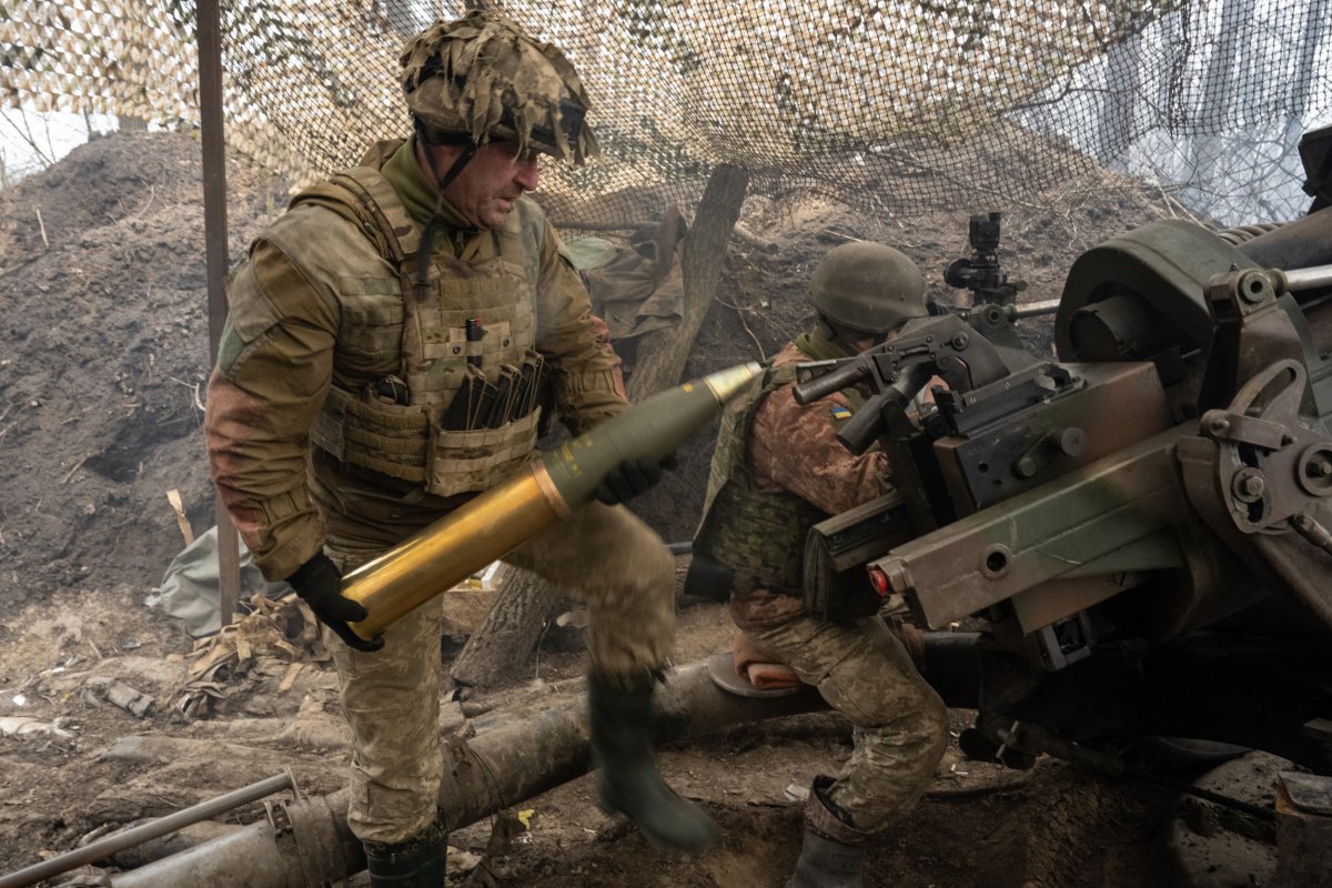 Ukrainian artillery team loading gun February 2024
