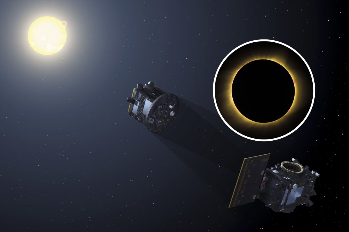 Proba-3 and, inset, a total solar eclipse