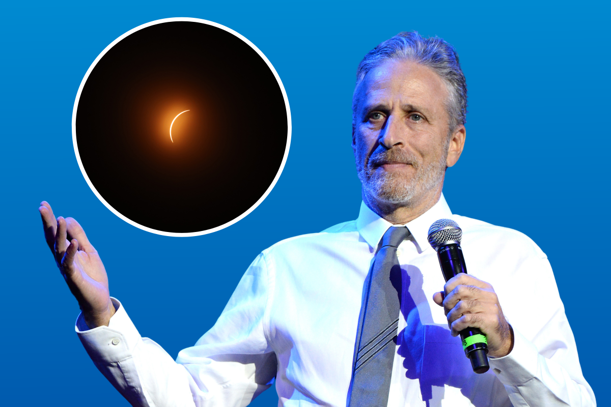 Jon Stewart, 2016. Inset: Solar Eclipse, 2024