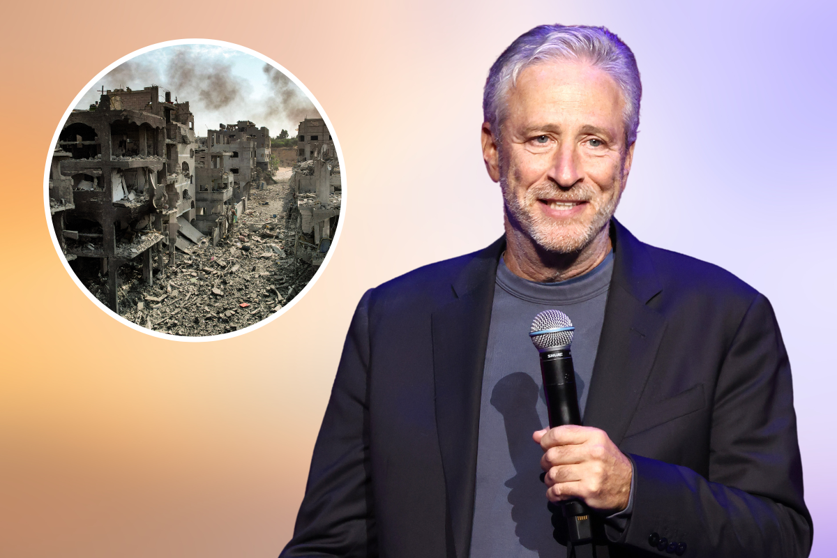 Jon Stewart, 2023. Inset: Gaza, October 2023