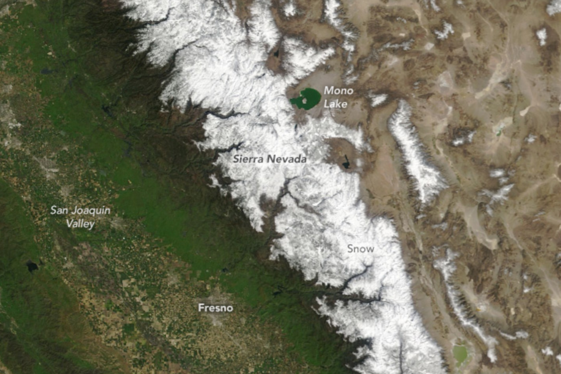 California snowpack’s “atypical” year revealed in NASA image