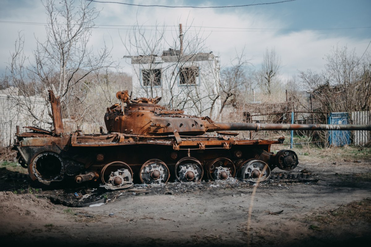 A destroyed Russian tank seen in Ukraine