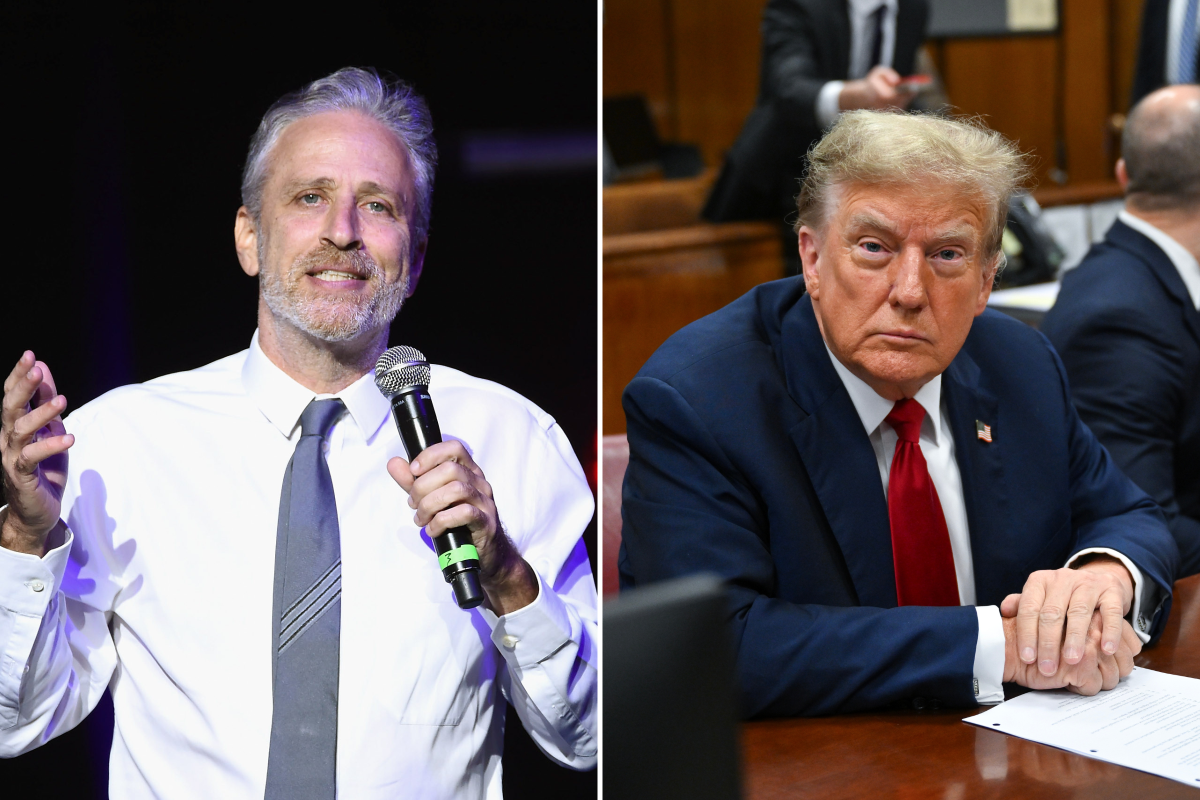 Jon Stewart, 2016 (left). Donald Trump, 2024