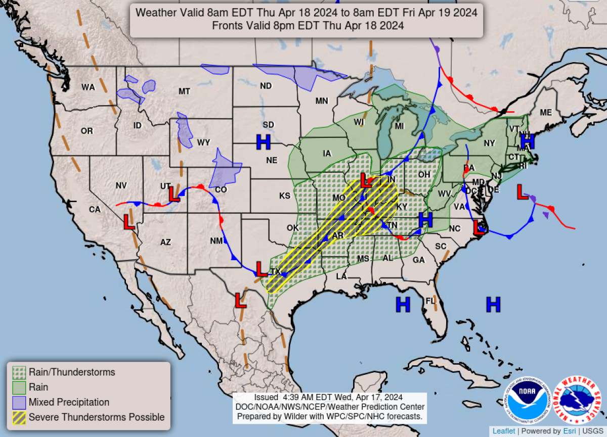 National Weather Service map warns of thunderstorms