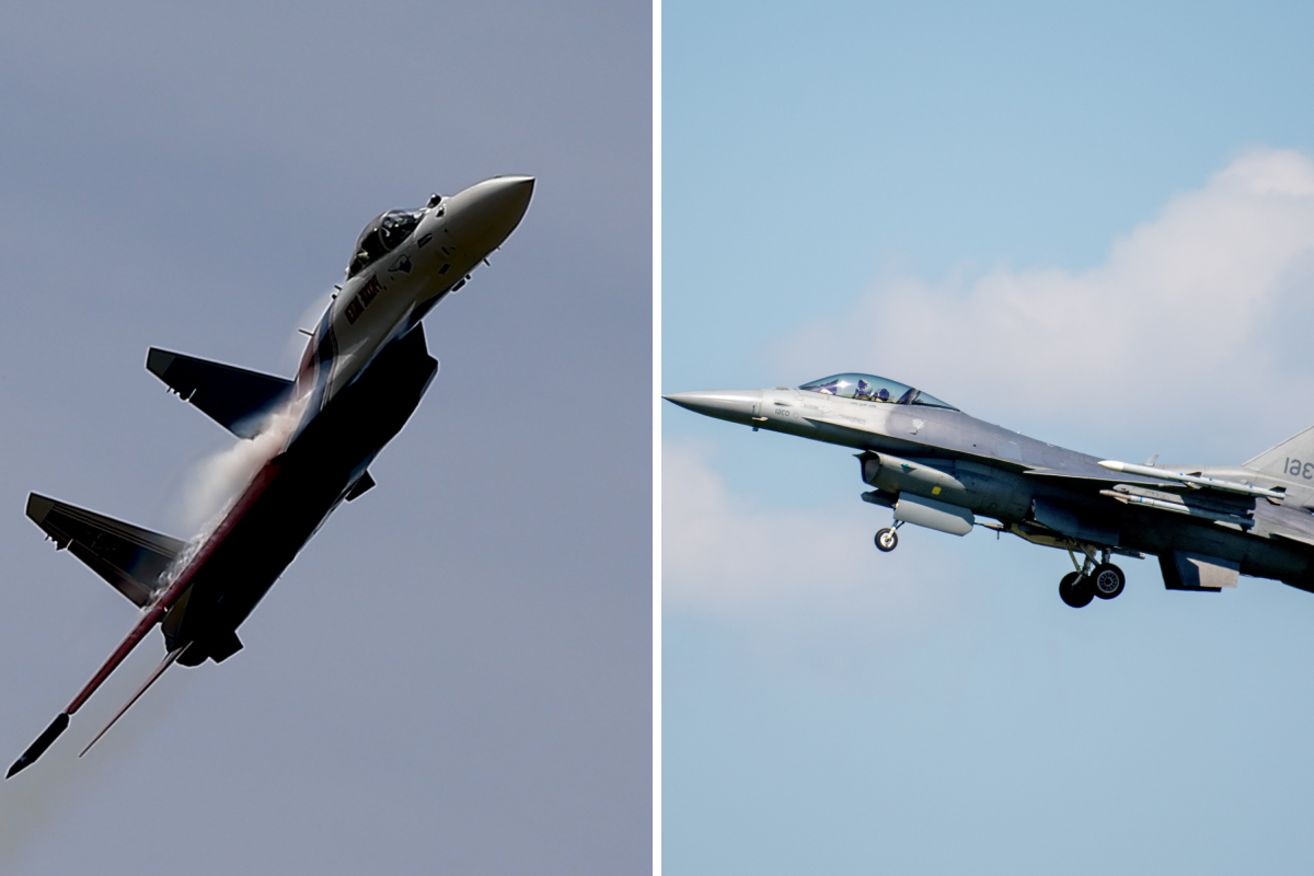 Su-35 and F-16 seen in flight 