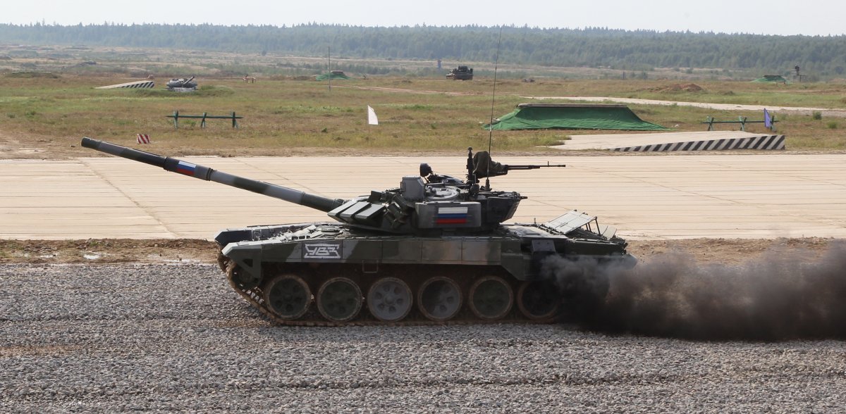 A Russian T-72 tank runs drills 