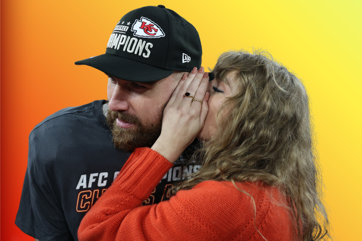 Taylor Swift (right) whispering into Kelce's ear
