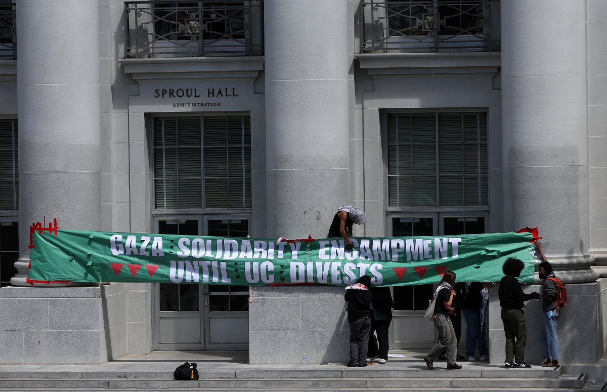 uc gaza solidarity encampment banner