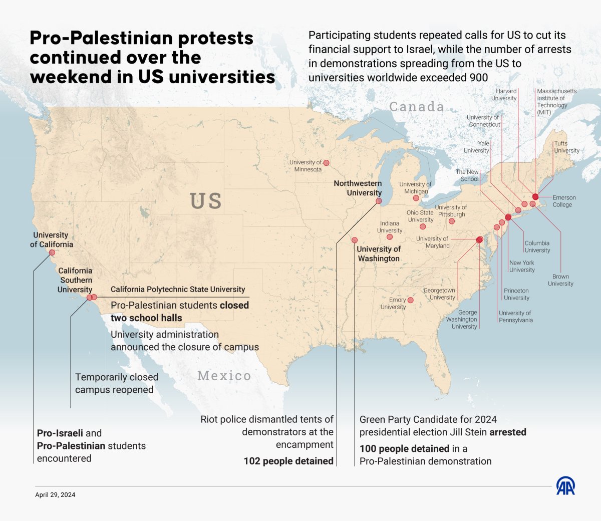 Map, of, US, university, protests, supporting, Palestinians