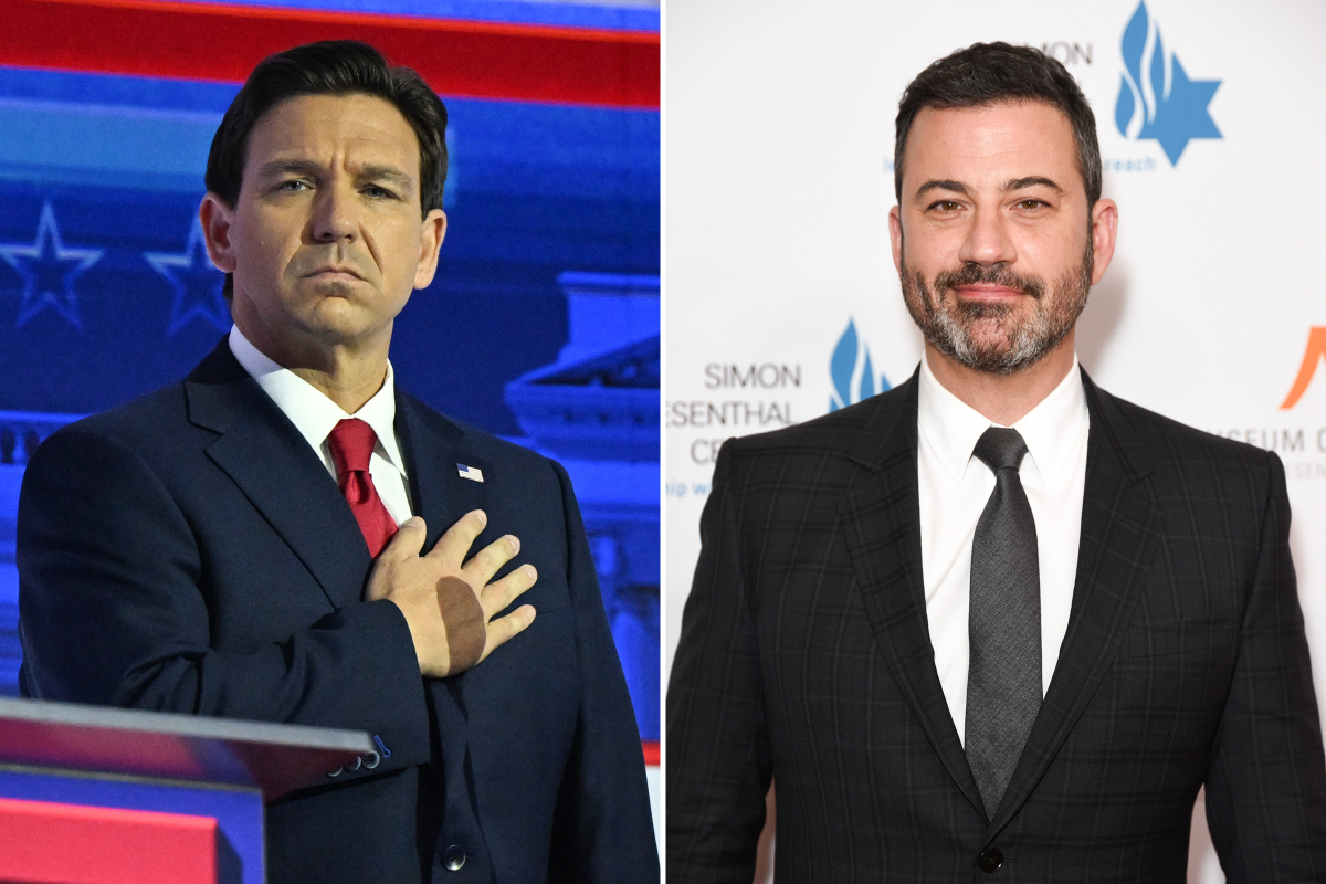 Ron DeSantis, 2023 (left). Jimmy Kimmel, 2019