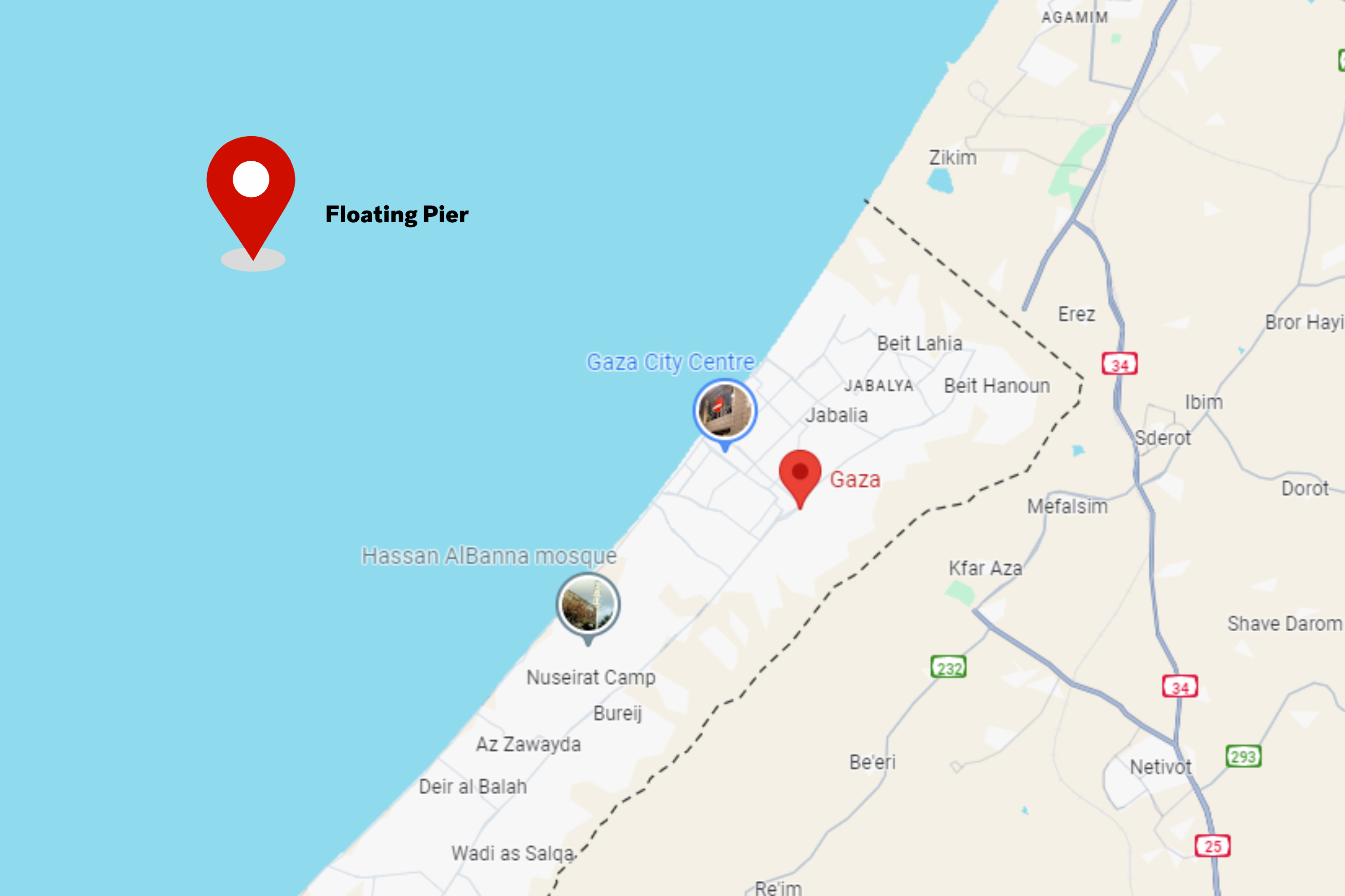 Une carte et des photos de Gaza montrent la construction d’une jetée aux États-Unis