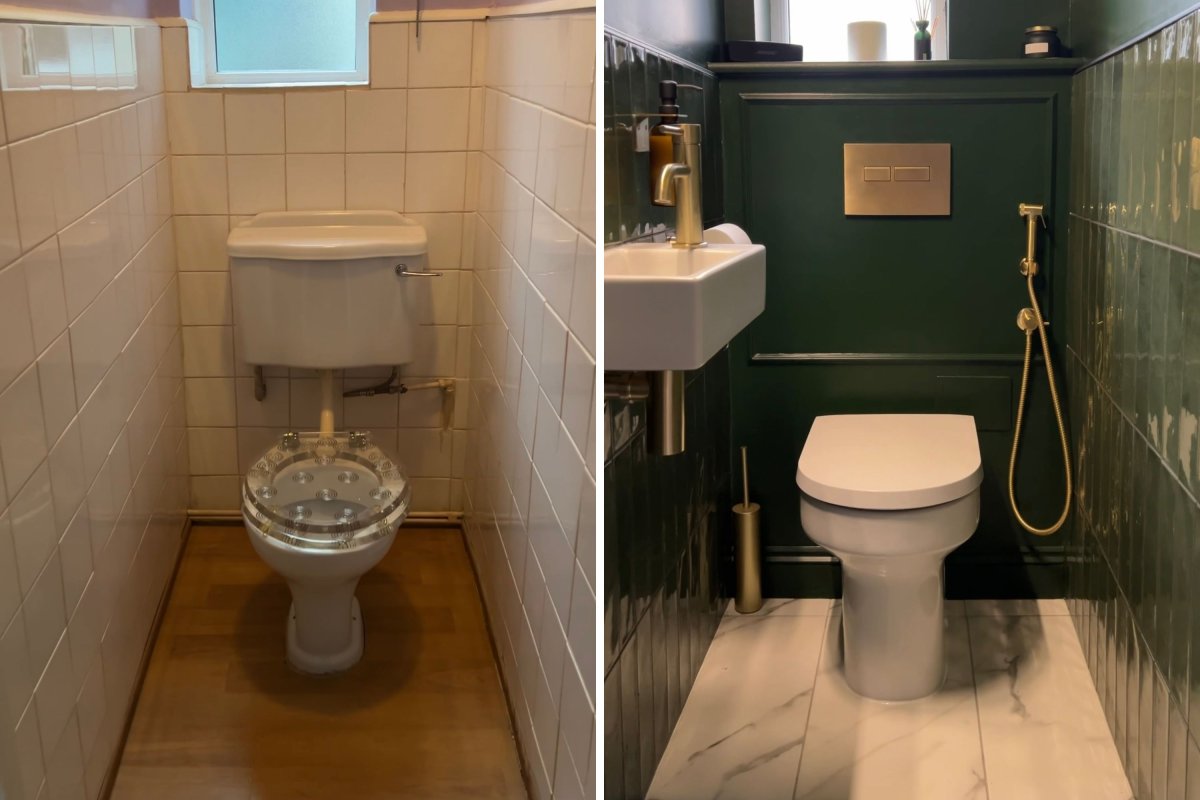 Before and after images of renovated toilet.