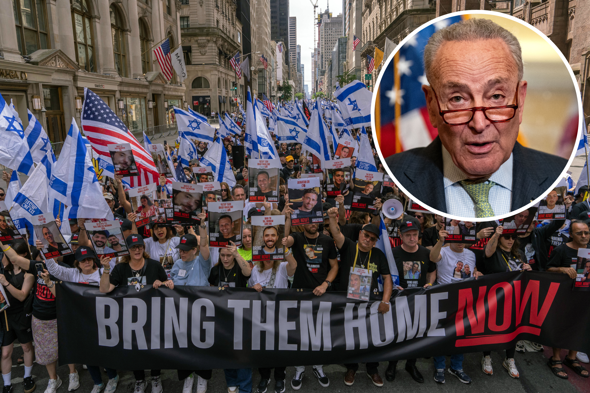 Chuck Schumer wordt uitgejouwd tijdens een toespraak op de Israel Parade in New York City