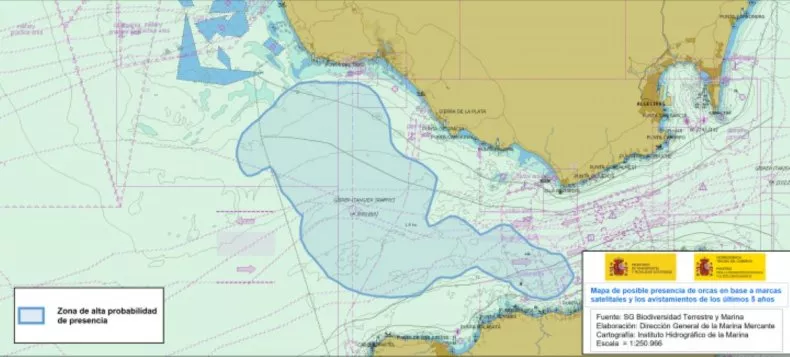 Un mapa de la Sociedad de Seguridad y Rescate muestra las áreas que los marineros deben evitar para no toparse con orcas.  SOCIEDAD DE SEGURIDAD MARÍTIMA Y SALVAMENTO