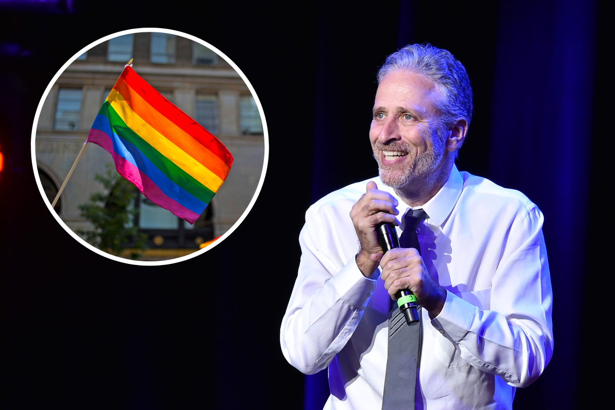 Jon Stewart, 2016. Inset: Pride flag, 2024