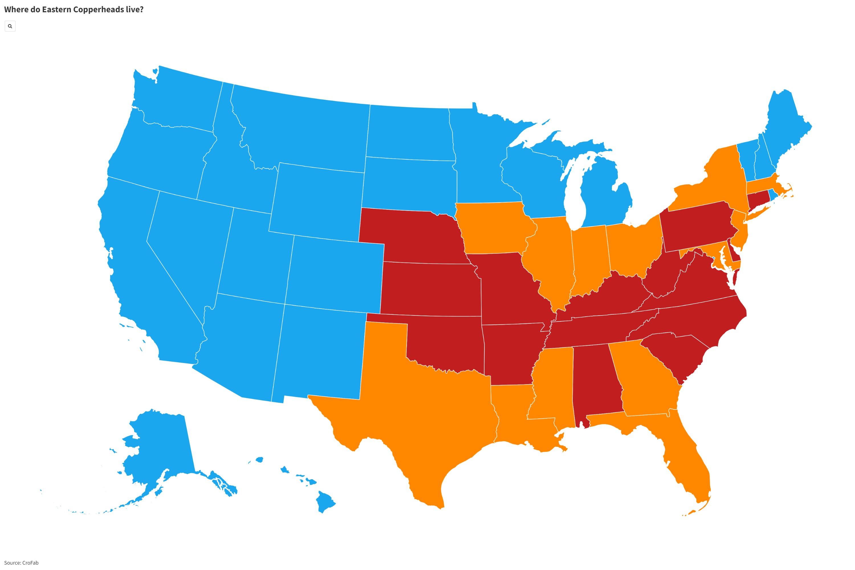 La carte du serpent à tête cuivrée montre les habitats dans les États américains