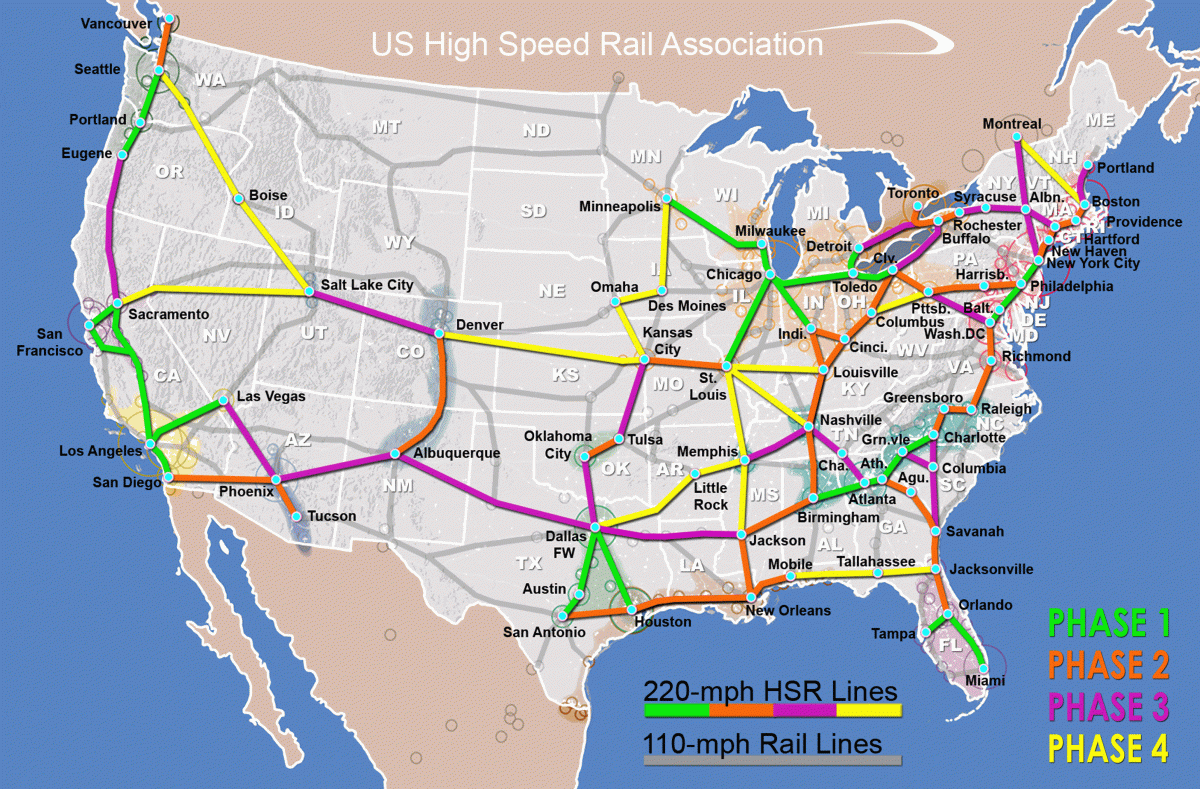 US high-speed rail map presentations proposed routes