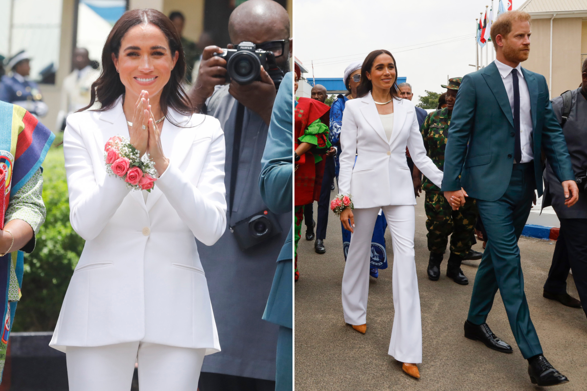 Traje de pantalón de Meghan Markle en Nigeria