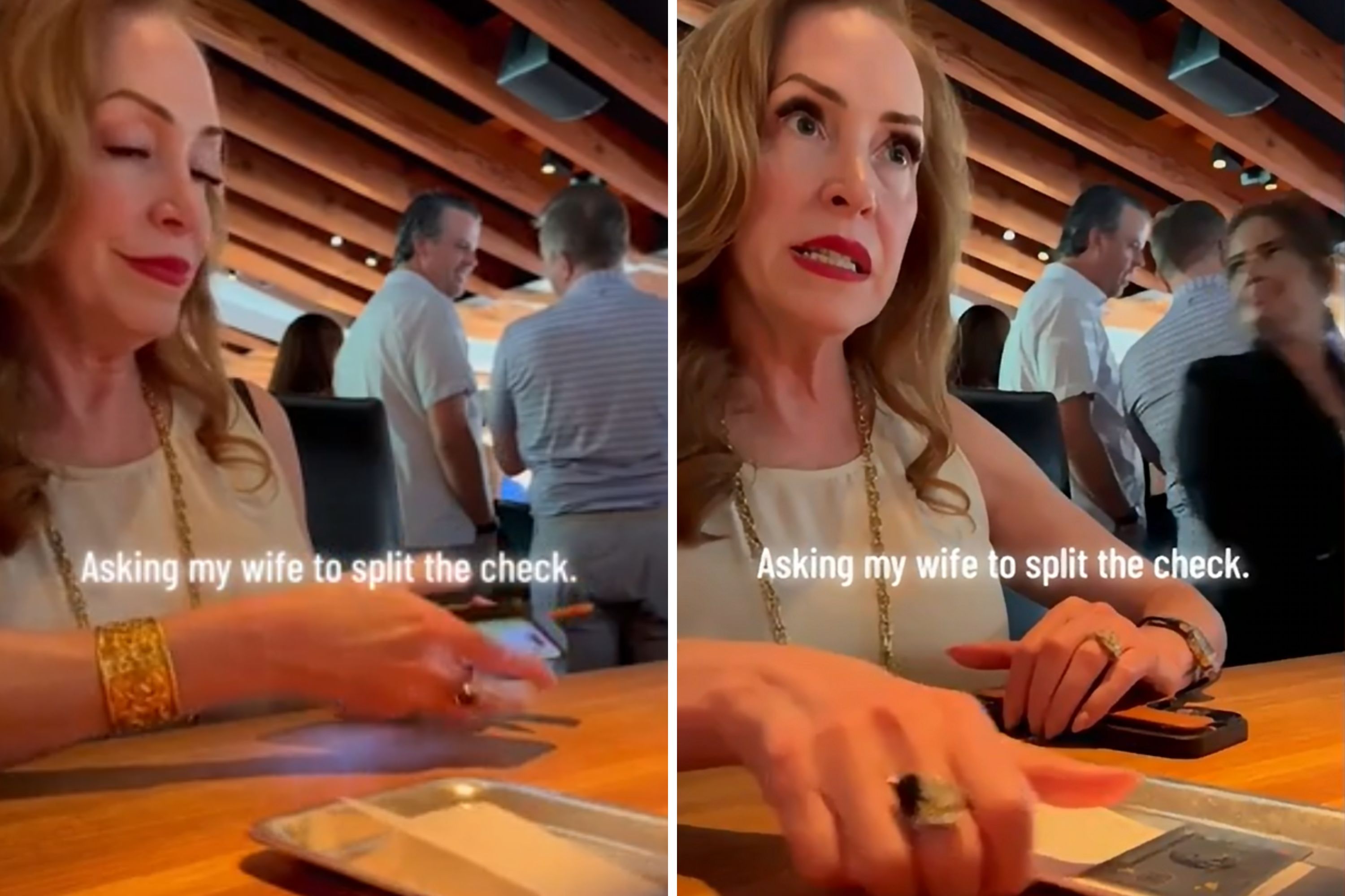 Laughter at woman's reaction when wife asks to split bill: 