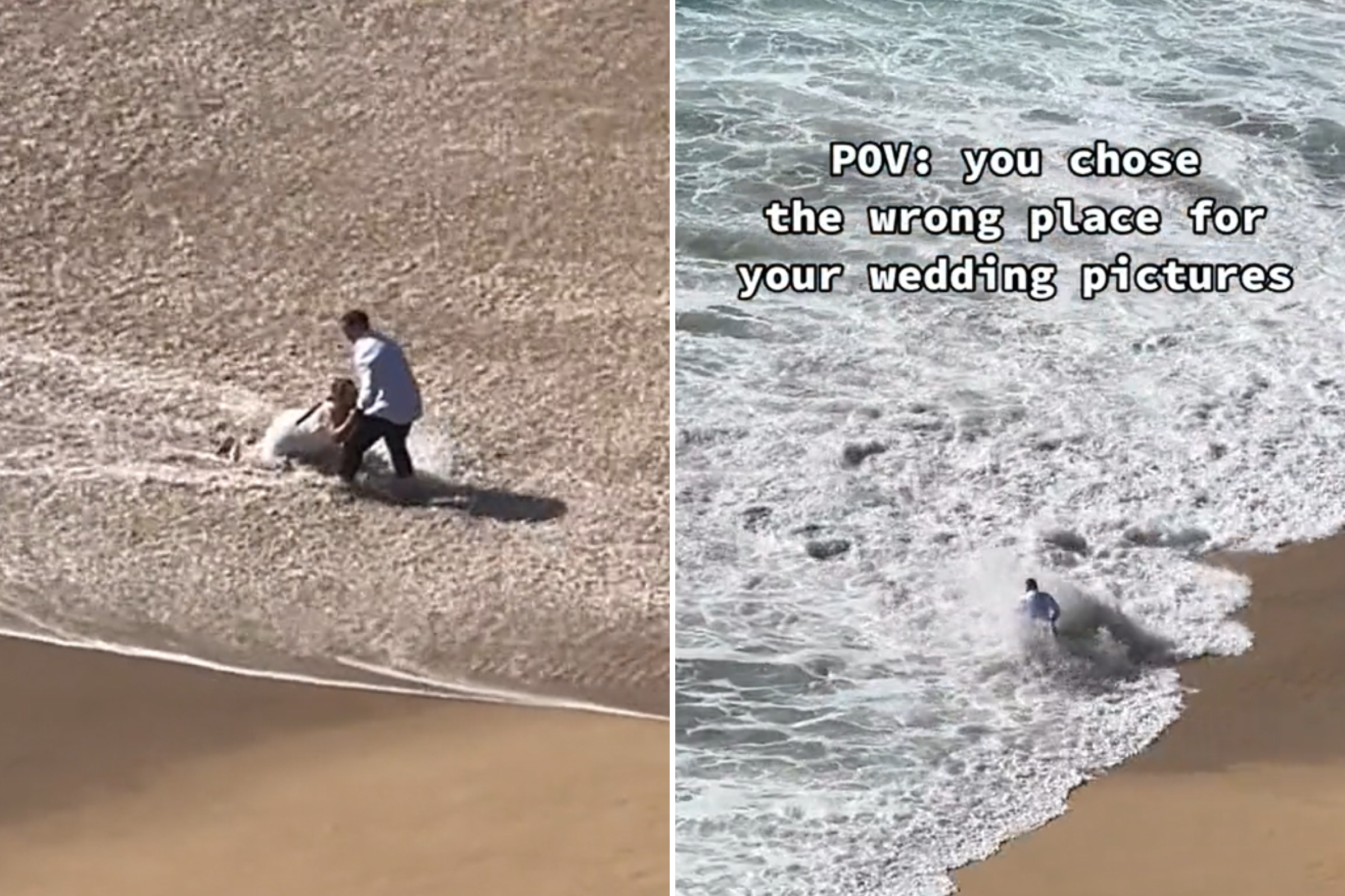 Couple takes wedding photos and quickly realizes that the photo shoot on the beach was not a good idea